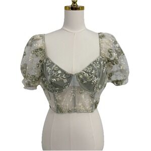 Women Mesh Embroidered Floral Cropped Bustier Top XL Green Coquette Fairy Dainty